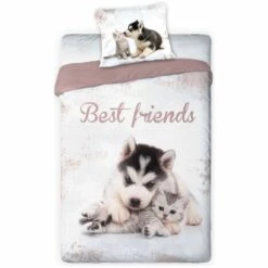 FARO BARCELONA PARURE DE LIT FRIENDS02 - MOTIF CHATS ET CHIENS - 140 X 200 CM ET 70 X 90 CM FARO 15894