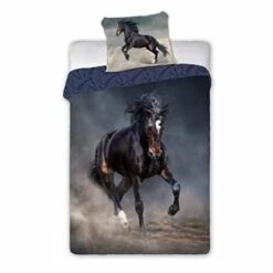 FARO BARCELONA FARO TEKSTYLIA PARURE DE LIT EN COTON 140 X 200 + 70 X 90 CM MOTIF CHEVAUX NOIRS TORNADO